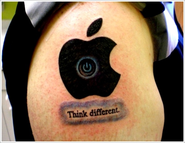 Think Different - Power Button In Apple Logo Tattoo On Shoulder