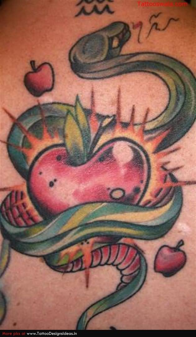 Three Apple With Snake Tattoo Design