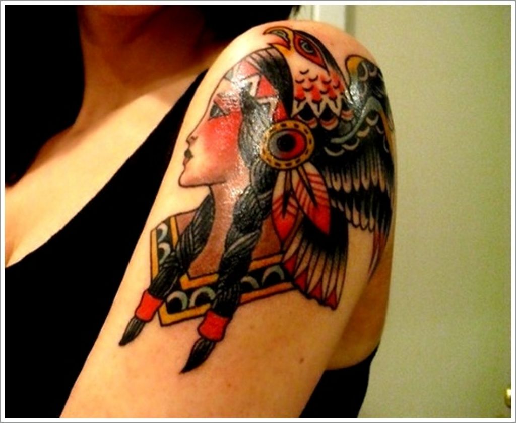 Traditional American Eagle On Girl Head Tattoo On Girl Left Shoulder