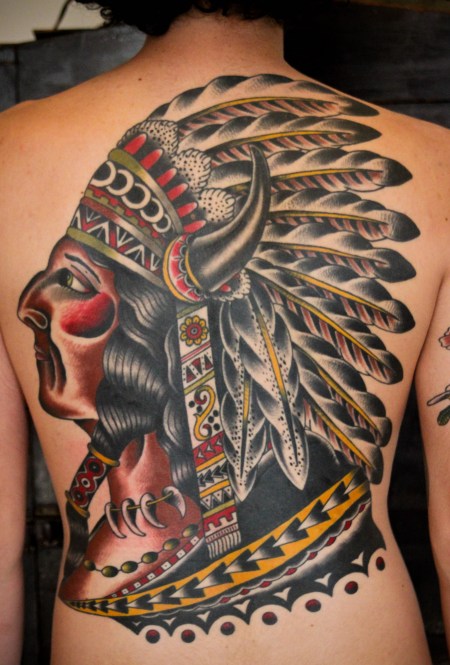 Traditional Native American Girl Head Tattoo On Full Back