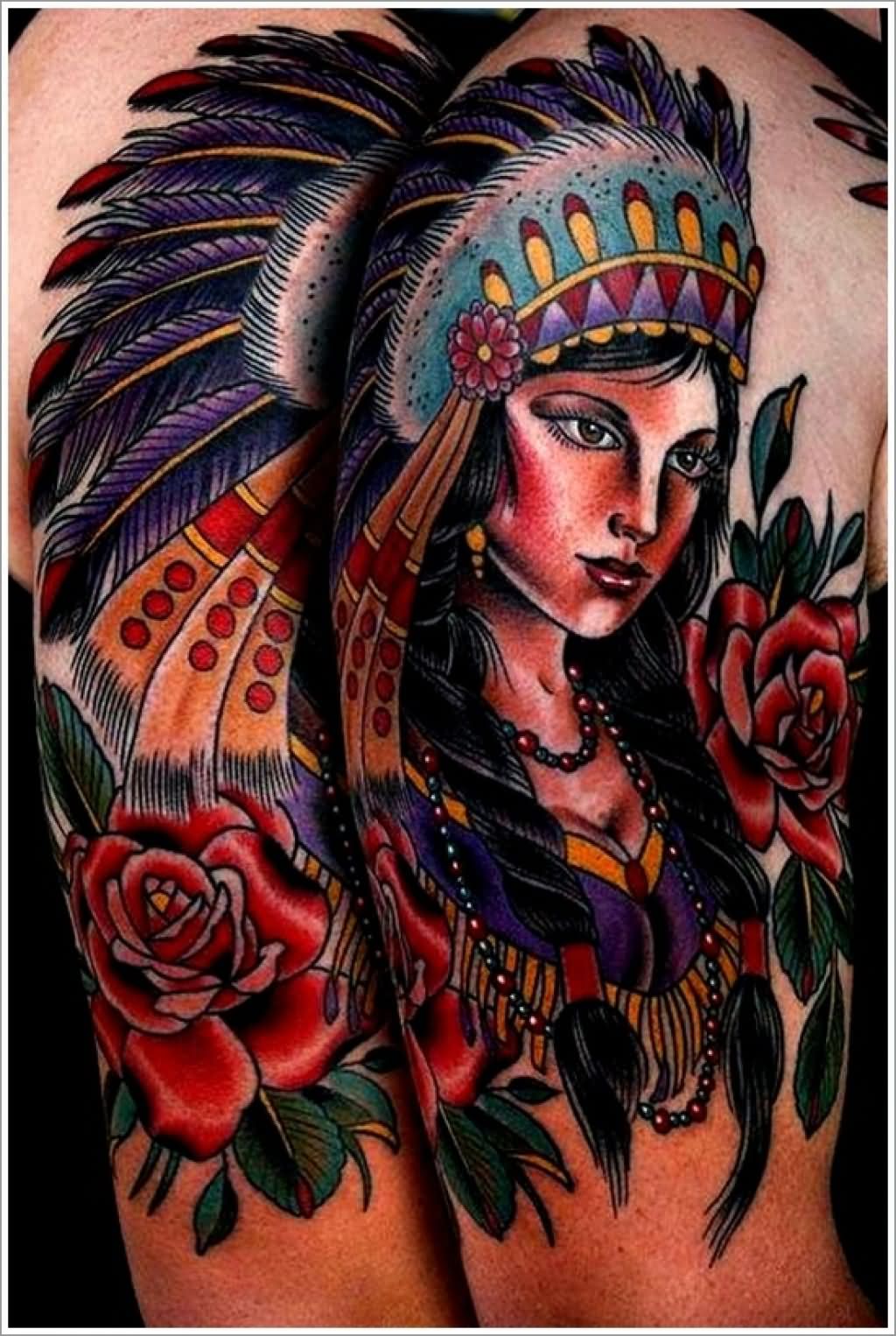 Traditional Native American Girl With Rose Tattoo Design For Shoulder