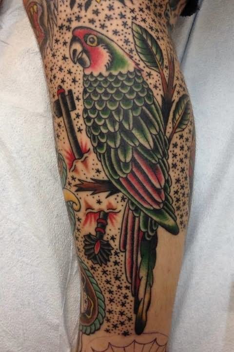 Traditional Parrot Tattoo On Leg