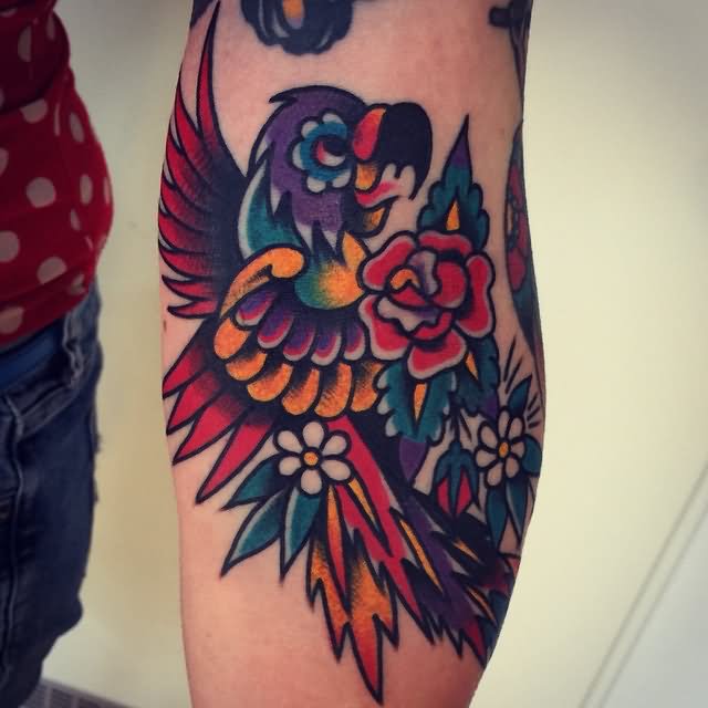 Traditional Parrot With Flowers Tattoo Design For Arm