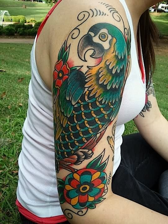 Traditional Parrot With Flowers Tattoo On Girl Right Half Sleeve