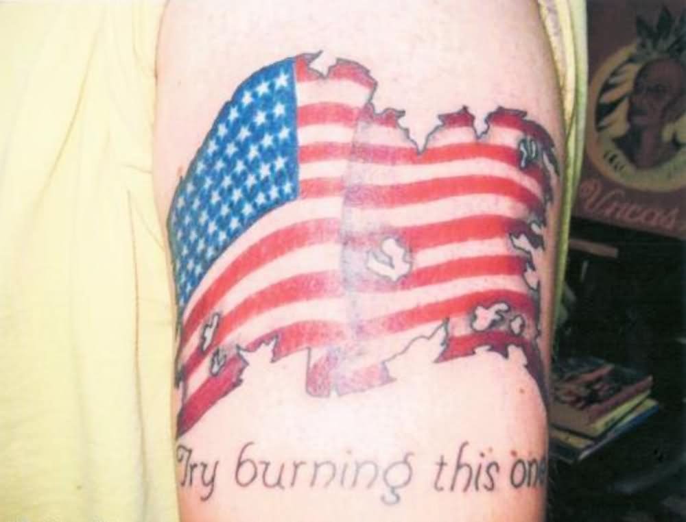 Try Burning This One - Torn American Flag Tattoo Design For Half Sleeve