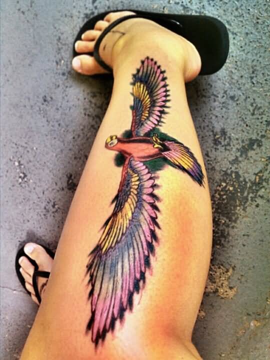 Unique 3D Flying Parrot Tattoo On Leg