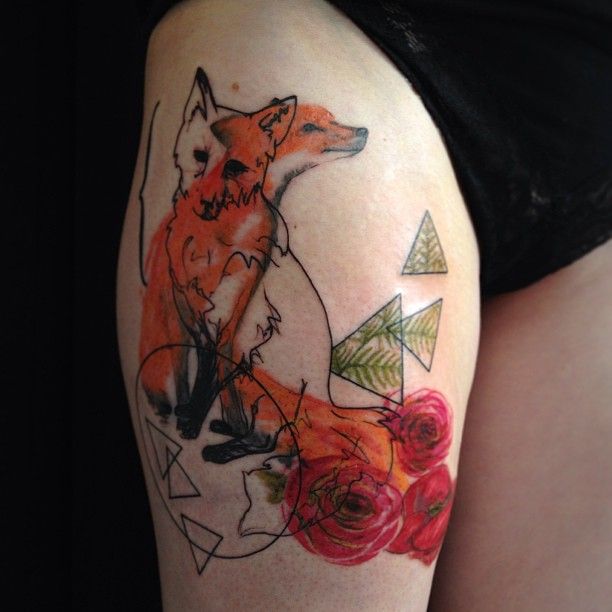 Unique Animated Fox With Roses Tattoo On Thigh
