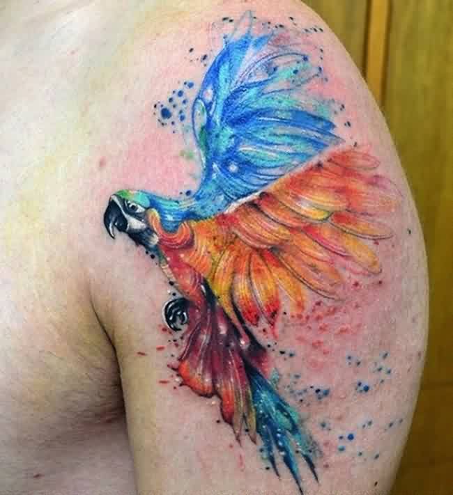 Watercolor Parrot Tattoo On Left Shoulder