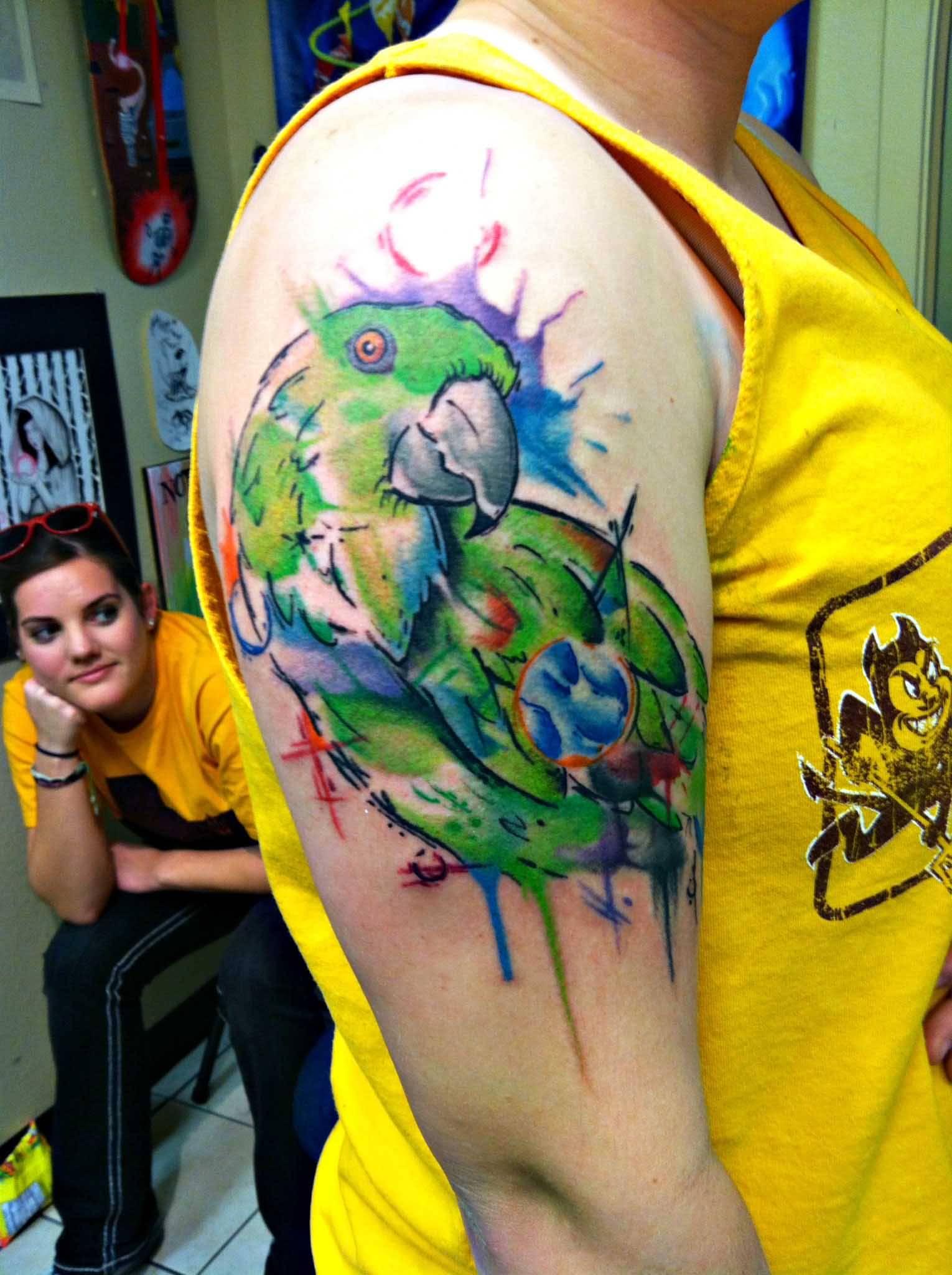 Watercolor Parrot Tattoo On Right Half Sleeve