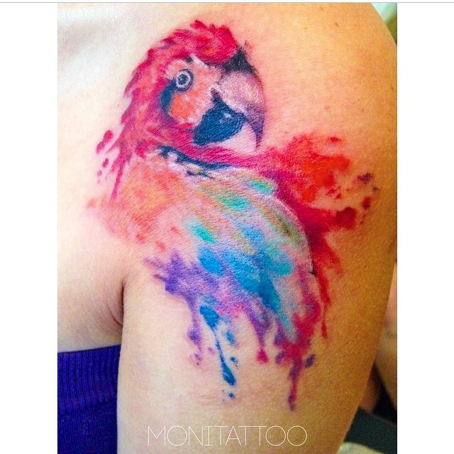 Watercolor Parrot Tattoo On Shoulder