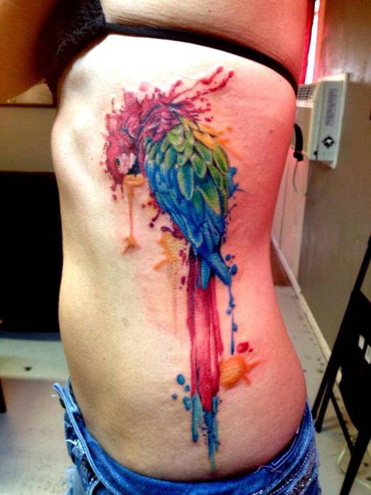 Watercolor Parrot Tattoo On Side Rib