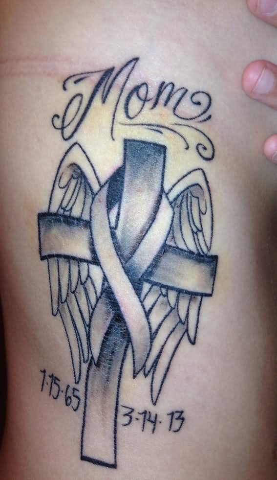 Winged Cross And Ribbon Memorial Tattoo On Side Rib