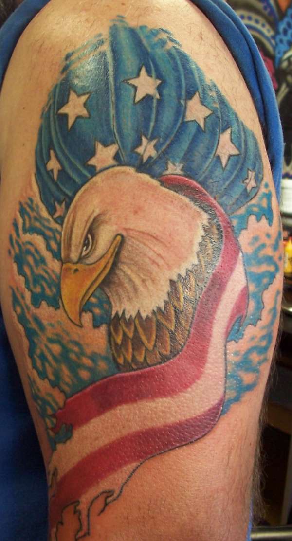 Wonderful Eagle With American Flag Tattoo Design For Shoulder