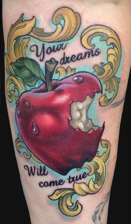 Your Dreams Will Come True - Apple Bite Tattoo Design For Sleeve