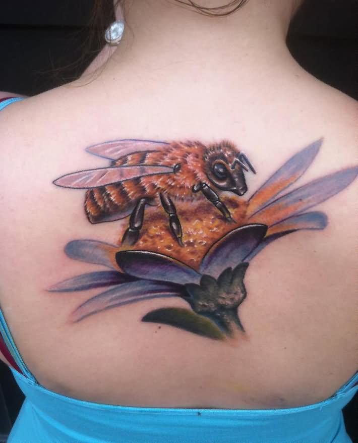 3D Bee And Flower Tattoo On Girl Upper Back