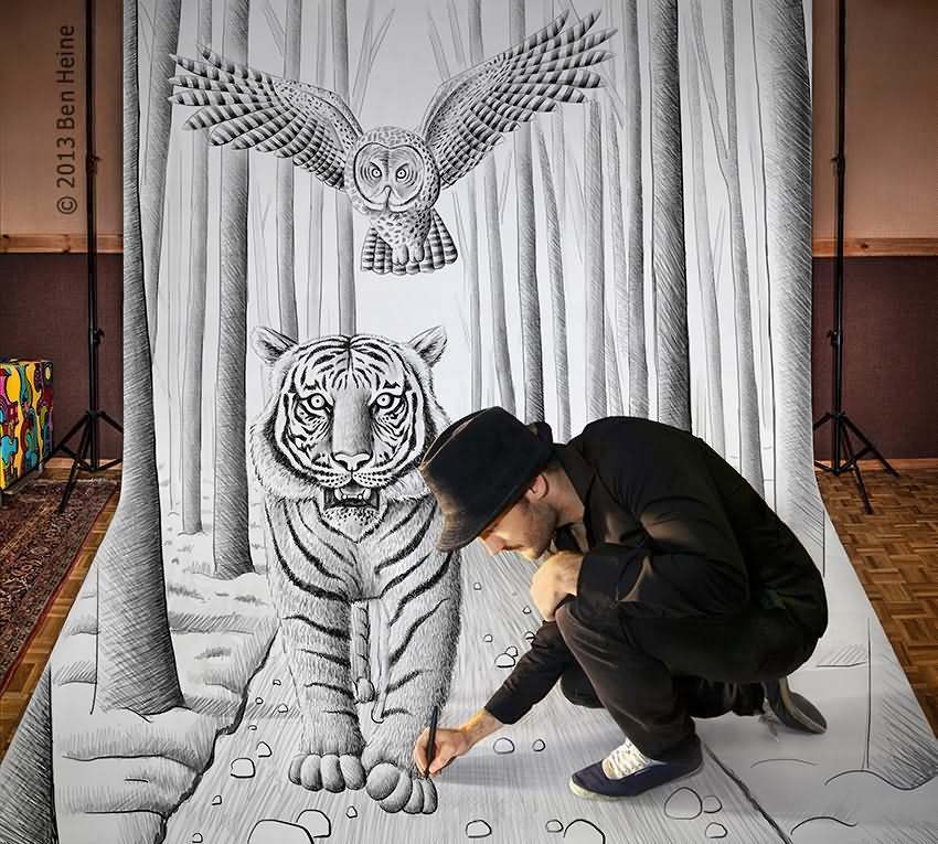 3D Tiger and owl Painting by Ben Heine 2