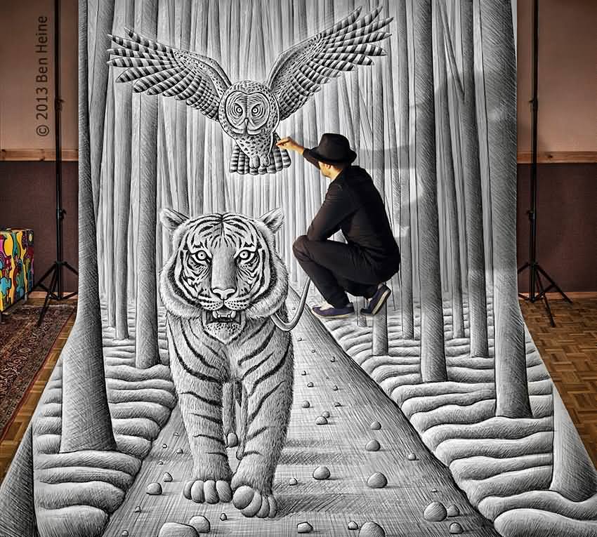 3D Tiger and owl Painting by Ben Heine 3