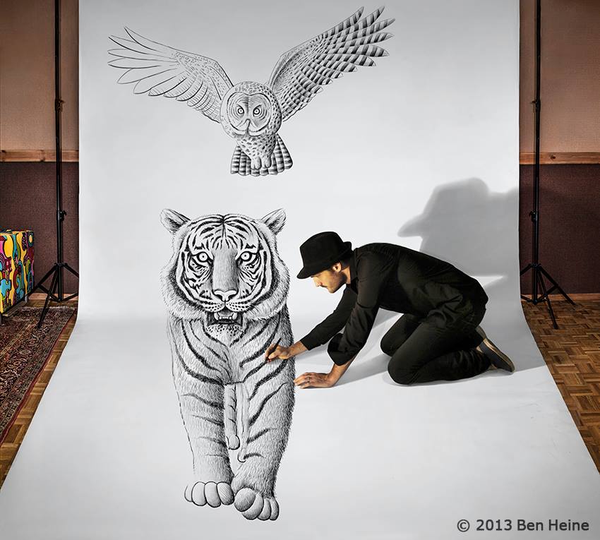 3D Tiger and owl Painting by Ben Heine