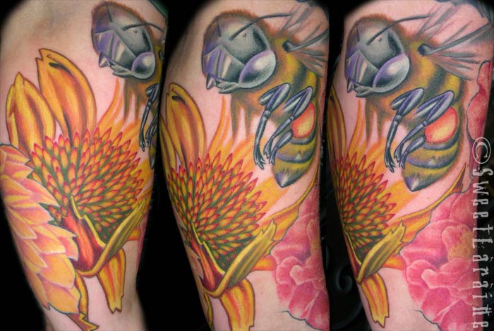 Amazing Bee And Flower Tattoo Design For Half Sleeve