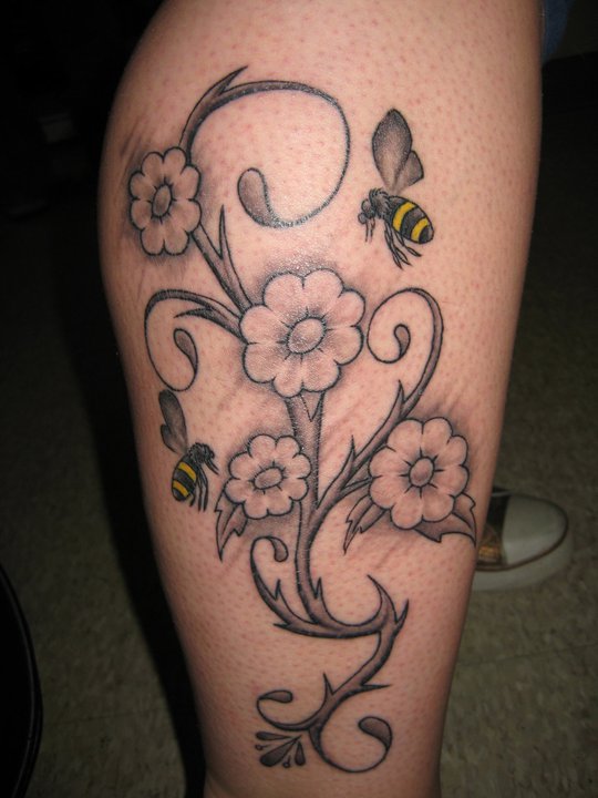 Amazing Two Flying Bees And Flowers Tattoo On Leg By Jimmy