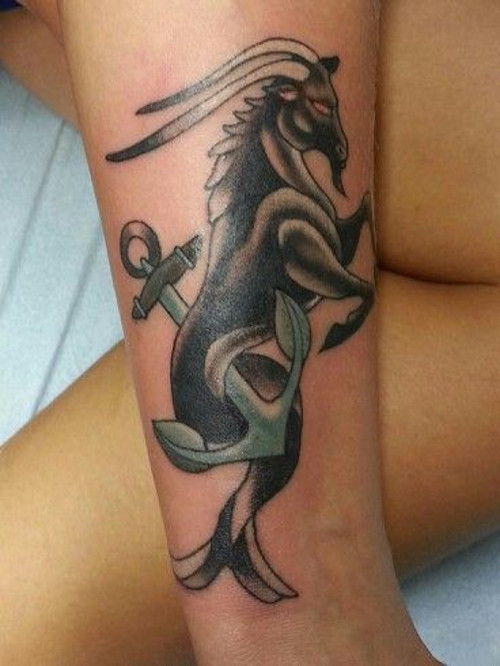 Anchor And Sea Goat Capricorn Tattoo On Sleeve