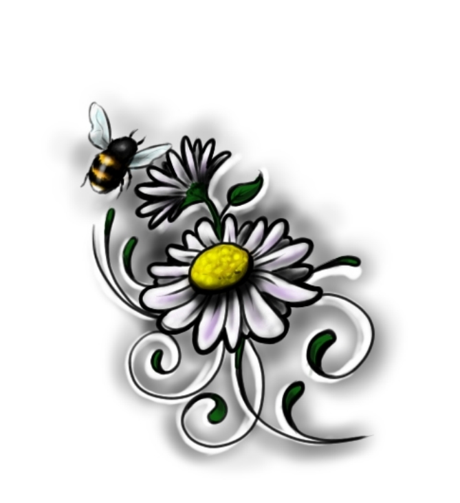 Attractive Flying Bee And Flowers Tattoo Design