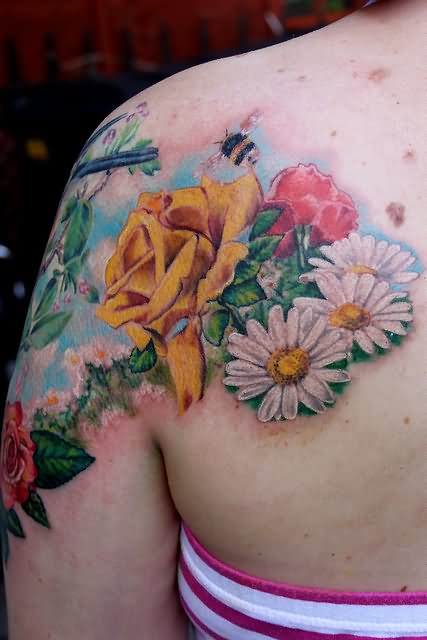 Attractive Flying Bee And Flowers Tattoo On Left Back Shoulder