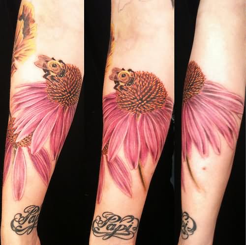 Awesome Bee And Flower Tattoo Design For Forearm By Vincent Vasconez
