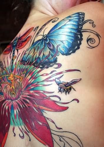 Awesome Flower And Bee With Butterfly Tattoo On Upper Back