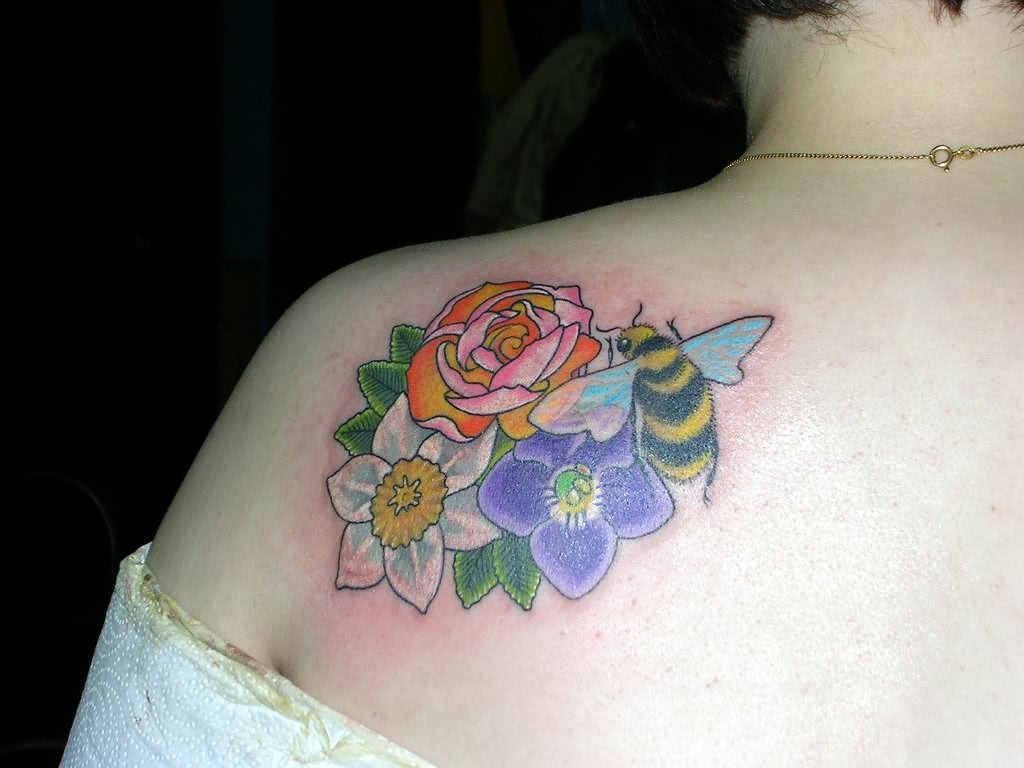 Bee And Colorful Flowers Tattoo On Left Back Shoulder