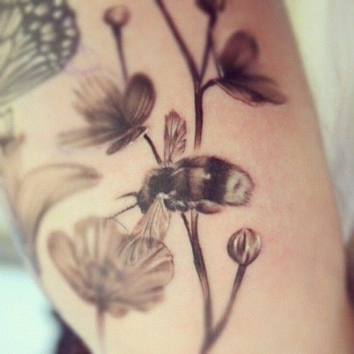 Bee And Flower Tattoo Design For Arm