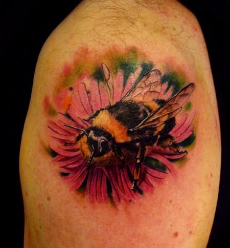 Bee And Flower Tattoo Design For Shoulder