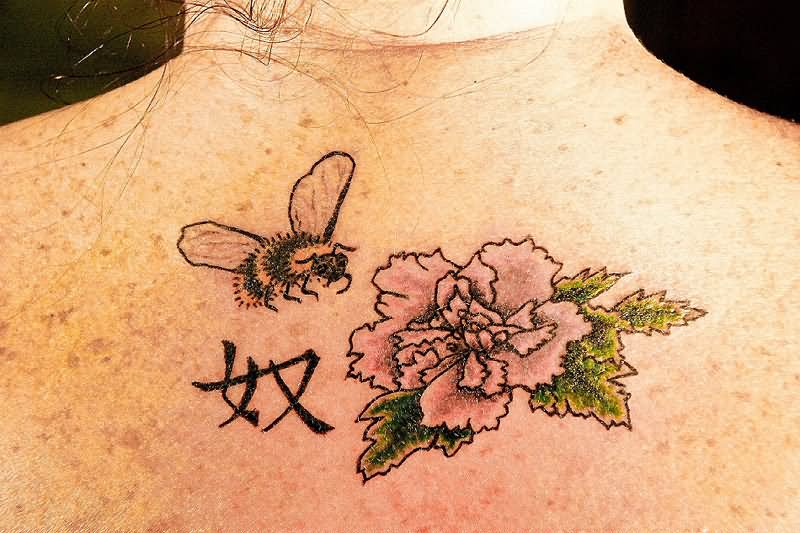 Bee And Flower Tattoo Design For Upper Back