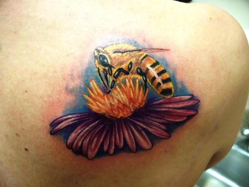 Bee And Flower Tattoo On Right Back Shoulder