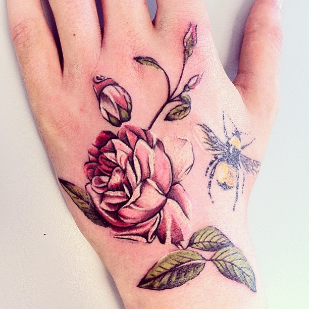 Bee And Flowers Tattoo On Hand
