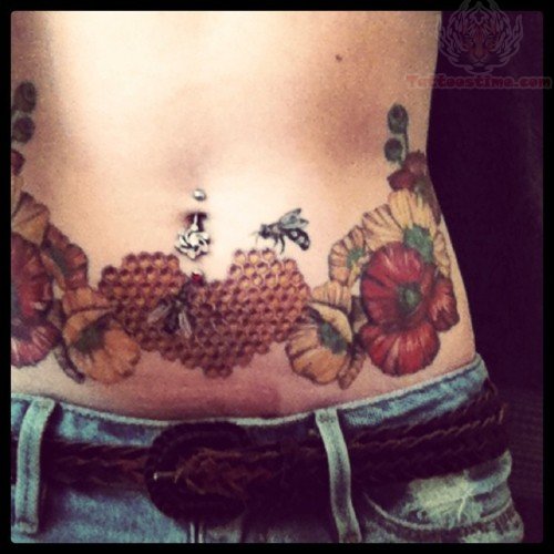Bee And Flowers Tattoo On Waist