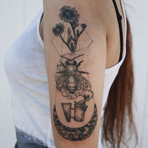 Bee And Flowers With Half Moon Tattoo On Girl Left Half Sleeve By Pony Reinhardt