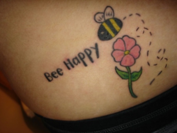 Bee Happy - Cool Bee And Flower Tattoo Design