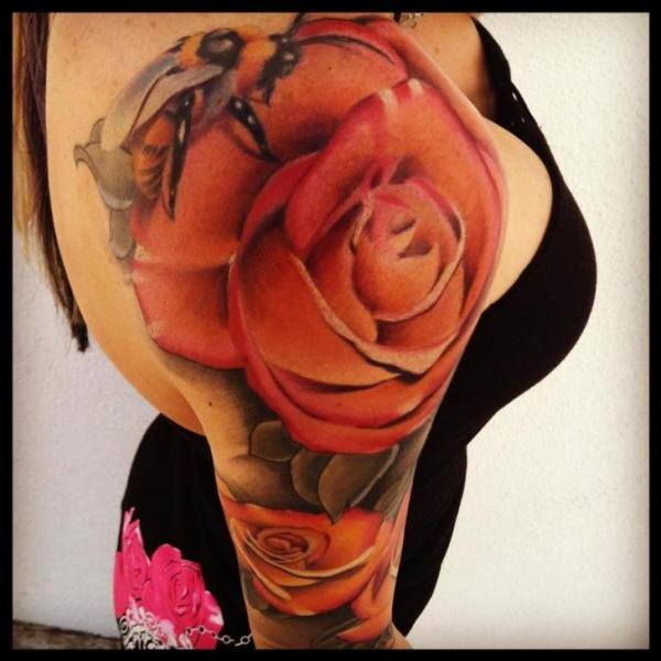 Bee With Roses Tattoo On Women Right Half Sleeve