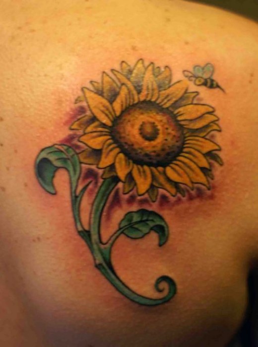 Bee With Sunflower Tattoo On Right Back Shoulder