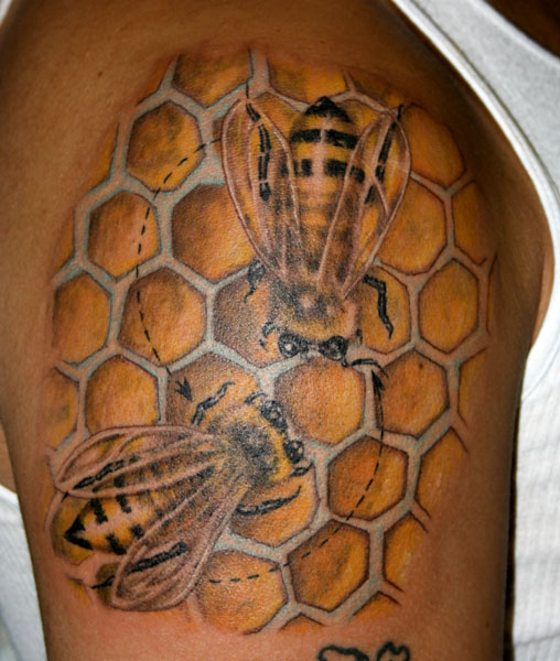 Beehive With Two Bees Tattoo On Shoulder
