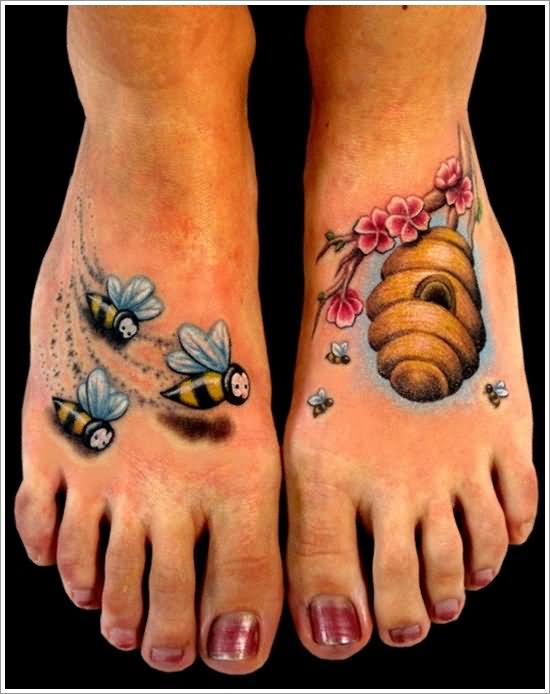 Bees With Beehive Tattoo On Girl Feet
