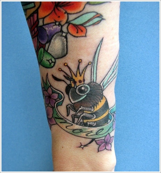 Best Bee With Banner And Flowers Tattoo Design For Sleeve
