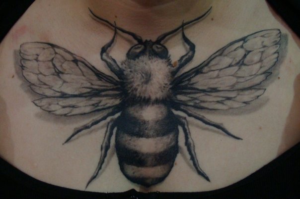 Black And Grey 3D Bee Tattoo On Collarbone