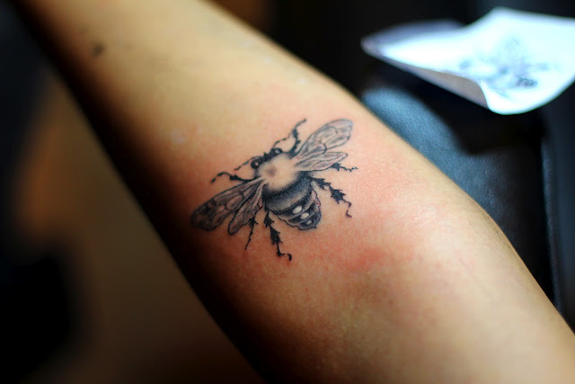 Black And Grey Bee Tattoo Design For Forearm