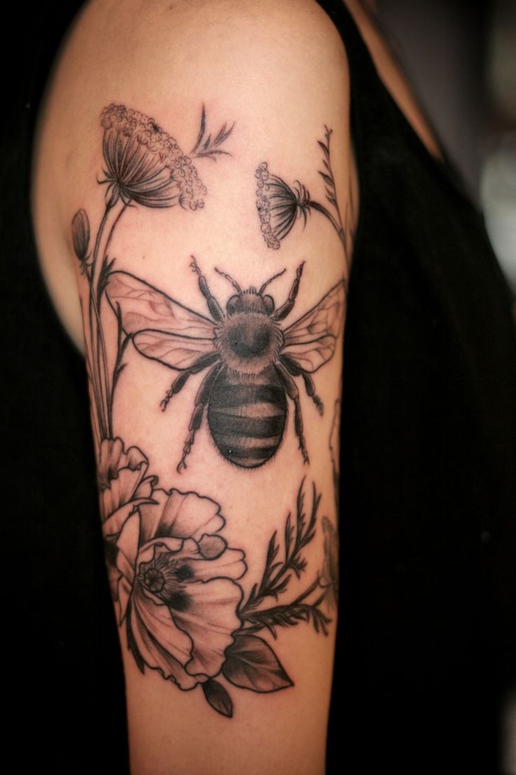 Black And Grey Bee With Flowers Tattoo On Right Half Sleeve