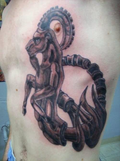Black And Grey Capricorn Tattoo On Man Rib Side