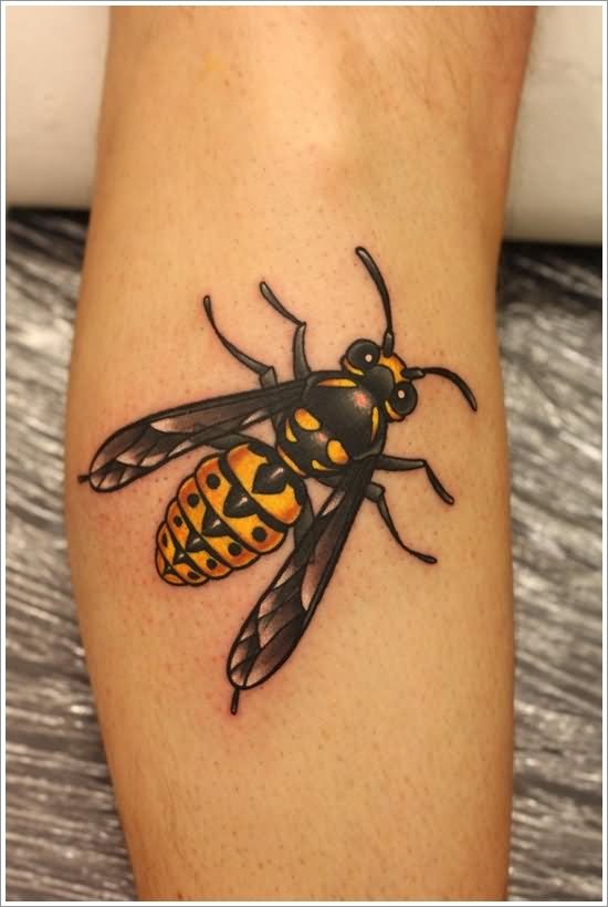 Black And Yellow Traditional Bee Tattoo Design For Arm