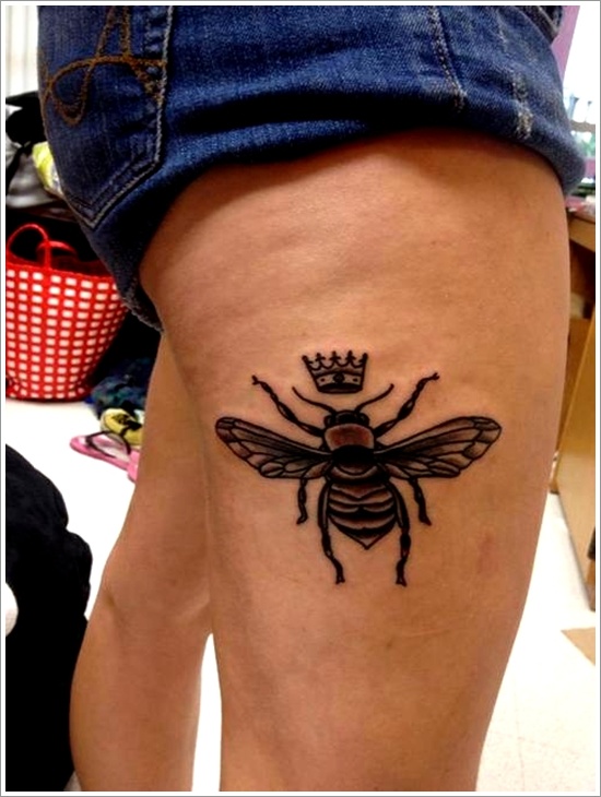 Black Bee With Crown Tattoo On Side Thigh