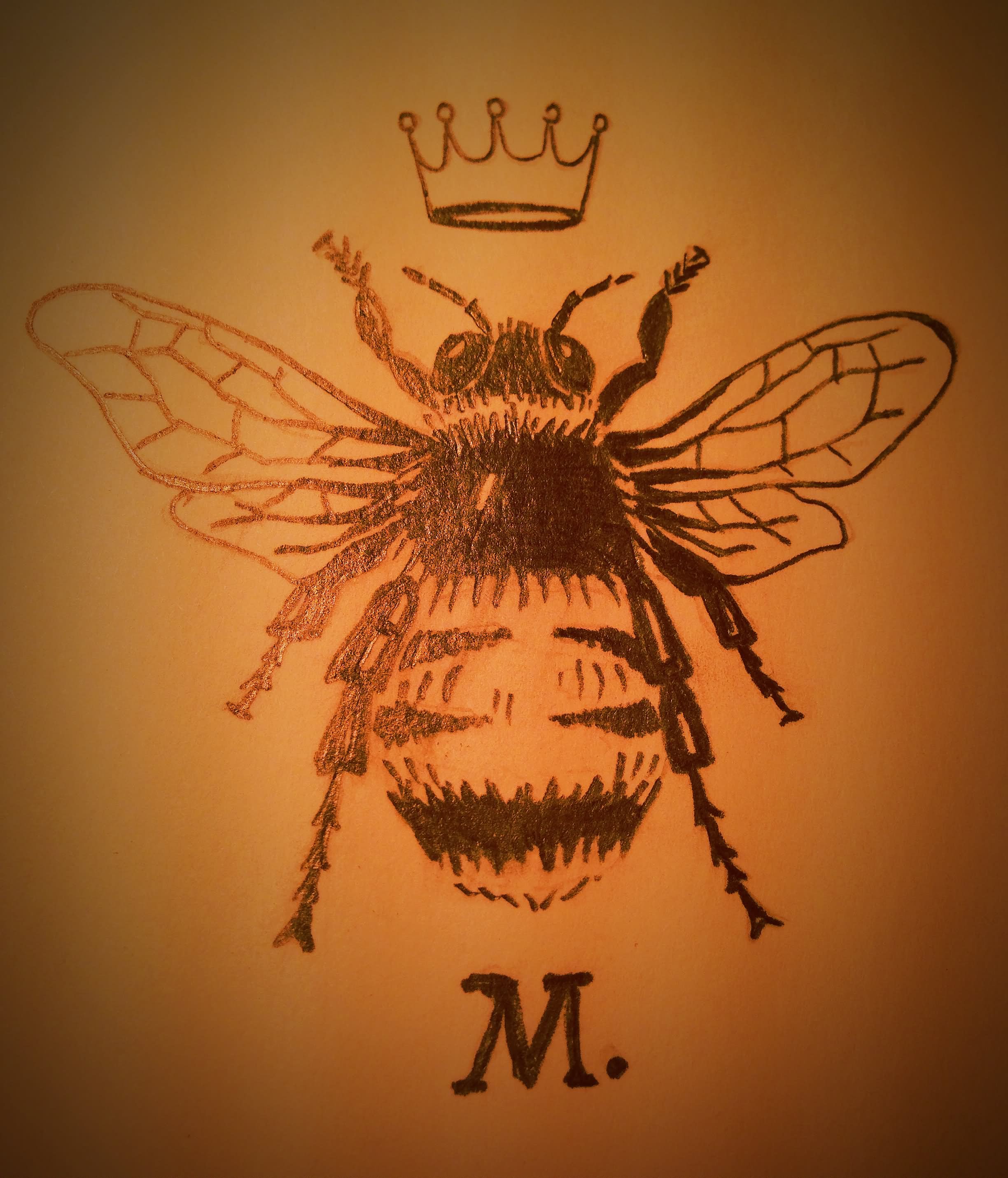 Black Bee With Crown Tattoo Stencil